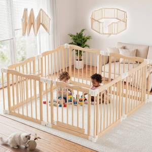 lot 497 image: Foldable Wooden Playpen, Natural, 55 x 55 x 24 inches - Retail $199