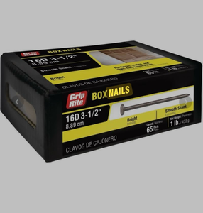 lot 511 image: Grip-Rite Box Nails �� 16D, 3-12, Bright Steel, Smooth Shank.65 pieces per 1 lb box.1 case includes 12 boxes.Retail value $107. - Retail $107