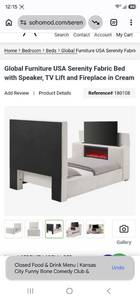 lot 21009 image: Global Furniture USA Serenity Fabric Footboard with Speaker TV Lift Fireplace Cream  - Retail $500