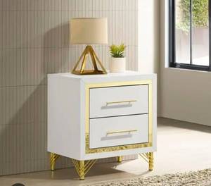 lot 21012 image: White Nightstand 2-Drawer with Gold Trim and Legs - Retail $150