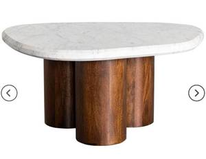 lot 21018 image: Side Table with Marble Top and Wood Cylinder Base - Retail $300