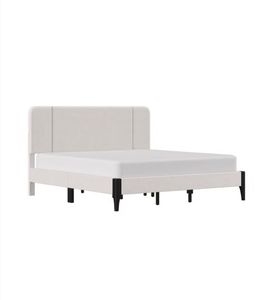 lot 21021 image: Upholstered Platform Bed Frame Queen Size with Black Legs NO HEADBOARD  - Retail $400