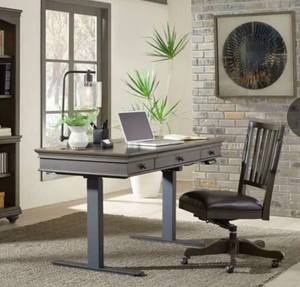 lot 21037 image: Adjustable Height Desk with Two Drawers Dark Wood Top NO LEGS - Retail $400