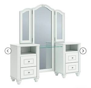 lot 21055 image: Three-Panel Vanity Mirror with White Finish Storage Base and Drawers - Retail $100