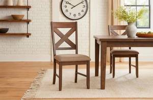 lot 21058 image: Pollie Brown X Back Wood Fabric Upholstered Seat Dining Side Chair set of 2 - Retail $200