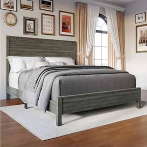 lot 21061 image: Panel Bed Frame with Headboard and Footboard Gray Wood-Grain Finish - Retail $200