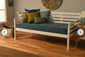 lot 21063 image: White Wood Daybed Frame with Slat Design and trundle bed - Retail $300
