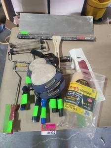 lot 6234 image: Painting Tool Lot with Rollers, Brushes, Paint Tray, Purdy Marathon Roller