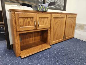 lot 12652 image: Wood Storage Cabinet with Shelves and Open Compartment