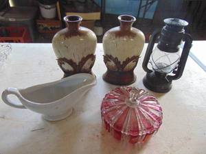 lot 3607 image: Vases and Cranberry Candy Dish