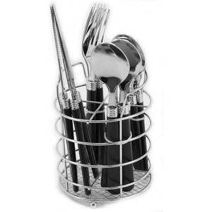 lot 62649 image: Gibson Home Sensations 16-Piece Stainless Steel Flatware Set with Metal Caddy - Includes Knives, Forks, Large & Small Spoons - Durable, Dishwasher Safe Silverware for Everyday Dining (Black)