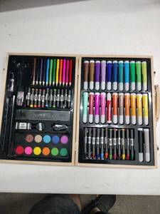 lot 62702 image: Art Set 2-Drawer Wooden Case with Colored Pencils Markers Paintbrushes