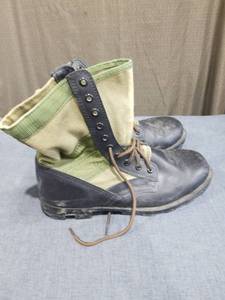 lot 2105 image: Lace-Up Work Boots Black and Cream Canvas Pair Size 12