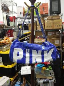 lot 2121 image: PINK Duffel Bag Blue White Striped Canvas Handles