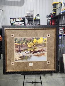 lot 9963 image: Fresh Mounts by Tim Cox Framed Print Horses River Scene