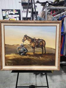 lot 9966 image: June Musick 1975 Cowboy Horse Landscape Oil Painting Framed
