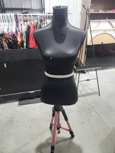 lot 9971 image: Black Female Dress Form Mannequin on Pink Tripod Stand