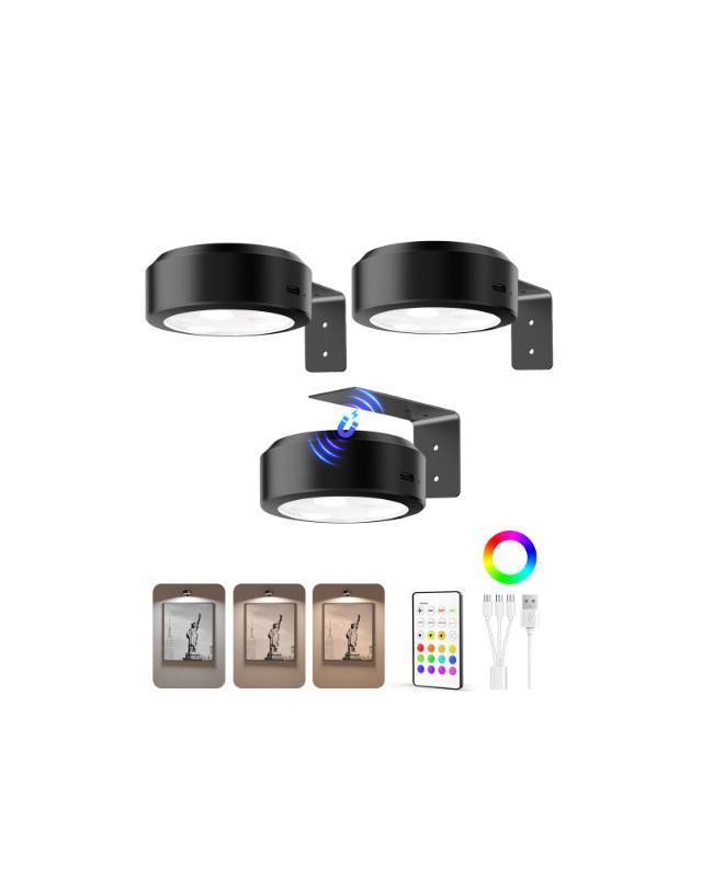 lot 46965 image: Picture Lights for Wall, 2000mAh Rechargeable Battery Magnetic Poster Lights with 3 Color Temps & 12 RGB, Remote Dimmable Timer Painting Light, Wall Decor Light for Art Display, Frame (3 Pack) - Retail $24