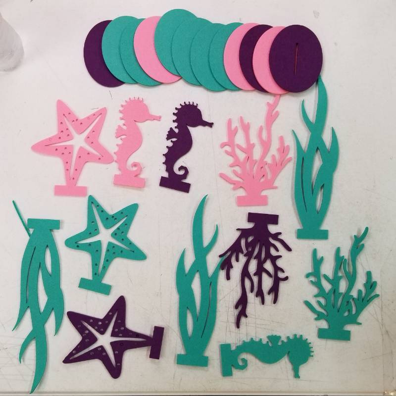 lot 46918 image: 12 Pack Mermaid Birthday Decorations Felt Table Centerpiece DIY Under The Sea Party Decoration Seahorse Starfish Seaweed Coral Decoration for Ocean Theme Birthday Party Supplies - Retail $8