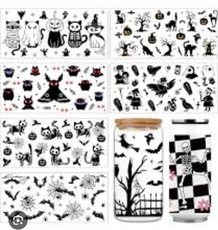 lot 46960 image: Cup Wrap - 8 Sheet Black Halloween UV DTF Transfer Stickers, Horror Cup Wraps for 16 oz Glass, Ghost Waterproof Decals, DIY Crafts - Retail $10