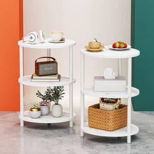 lot 59035 image: Small Round Side Table - 3-Tier Oval Accent Table for Small Spaces, Rustic Wood and Metal Couch End Table, Nightstand for Bedroom or End Table Living Room, Set of 2, Marble White. MISSING LEGS AND TWO PARTS HAVE DAMAGE. - Retail $56