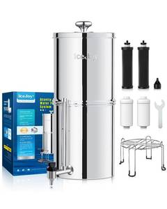 lot 59036 image: 8-Stage Gravity Water Filtration System 3.0 Gallon-304 Stainless Steel Countertop System with 4 Filters and StandReduce 99.9% Chlorine, NSFANS 42 Certification. MISSING FILTERS - Retail $109
