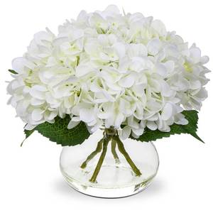 lot 59044 image: Hydrangea Artificial Flowers with Vase White Silk Fake Flowers Arrangements in Glass Vase with Faux Water for Home Bathroom Office Table Centerpiece Shelf Decorations - Retail $29