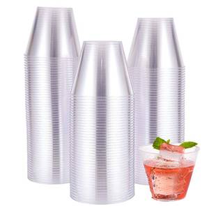 lot 59095 image: 9 oz Clear Disposable Plastic Cups, 100 Pack Clear Plastic Cups Tumblers, Heavy-duty Party Glasses, Disposable Cups for Thanksgiving, Halloween, Christmas Party - Retail $15