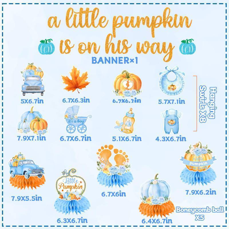 lot 64181 image: Little Pumpkin Baby Shower Decorations Boy, includes A Little Pumpkin Is on The Way Baby Shower Banner Fall Centerpieces and Hanging Swirls for Fall Birthday Decorations - Retail $10