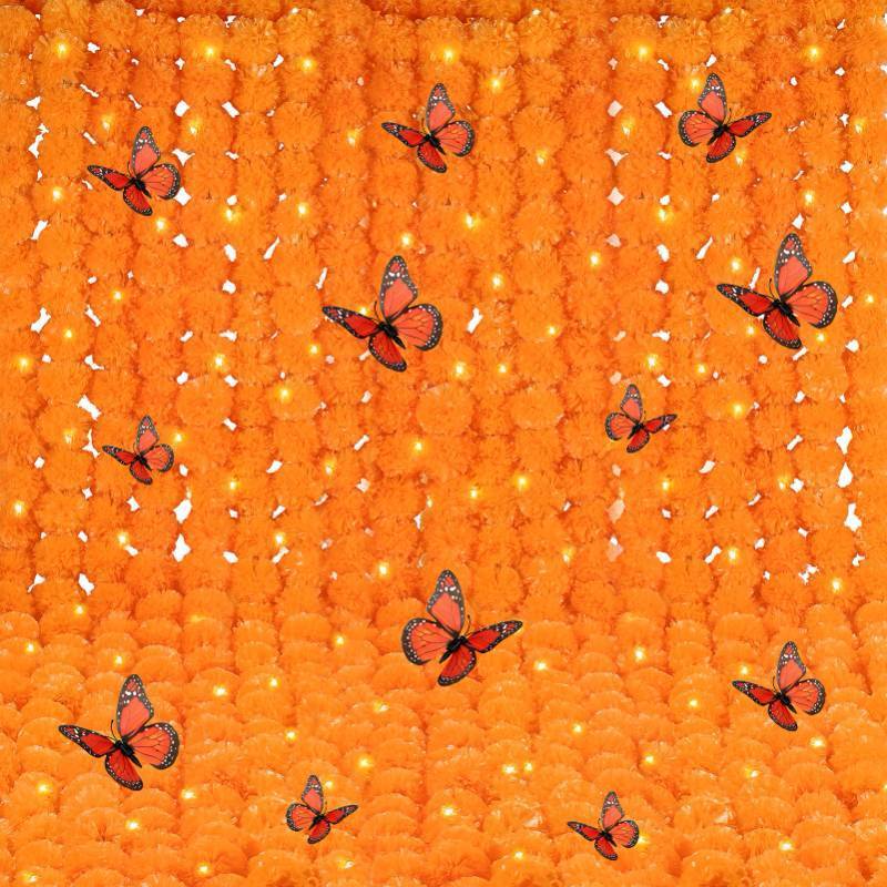 lot 64183 image: 24 Pcs 5ft Halloween Marigold Garland for Decoration with LED Light and Butterfly Artificial Marigold Flowers Indian Faux Garlands for Day of The Dead Diwali Wedding Party Decoration (Light Orange) - Retail $34