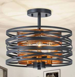 lot 64248 image: D13in Farmhouse Drum Ceiling Light, 3-Light Rustic Design Semi-Flushmount Close to Ceiling Light Fixture for Kitchen, Foyer & Bedroom, D13xH11in, Matte Black & Wood Texture Finish - Retail $80