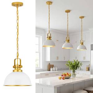 lot 64253 image: White and Gold Pendant Lights, 11.8 Modern Dome Pendant Light Fixtures with Adjustable Chain Hanging Lighting for Kitchen Island Dining Room Restaurant Bedroom Foyer Entrance Sink - Retail $1,350