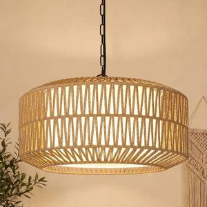 lot 64257 image: 9-52 Height Adjustable Farmhouse Chandelier Light Fixture, 5-Light Rattan Boho Chandeliers for Dining Room, Hand Woven Pendant Light with Linen Shade, Rustic Hanging Lighting for Kitchen Island - Retail $100