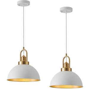 lot 64265 image: Farmhouse 11.81 White Pendant Light with Gold Finish, Industrial Metal Hanging Lighting Fixtures, Adjustable Height Dining Room Chandelier for Kitchen Island Hallway and Foyer 2 Pack - Retail $120