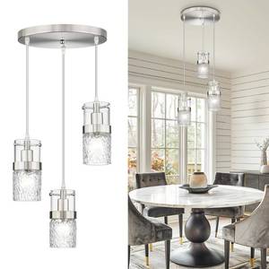 lot 64269 image: LMS 3-Light Brushed Nickel Cluster Pendant Light, Modern Dining Room Light Fixture with Hammered Glass, Hanging Chandelier Lighting for Dining Room, Kitchen Island, Bedroom, LMS-198 - Retail $82