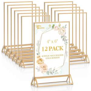 lot 64297 image: 12 Pack Gold Acrylic Sign Holder 4x6 Double Sided Tabletop Stand - Retail $29