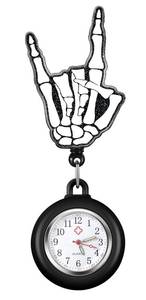 lot 64302 image: Nurse Watch Nursing Pocket Badge Fob with Second Hand - Black Funny Skeleton Hand Retractable Clip On Clock with Secondhand for Medical Staff Women Men - Retail $10