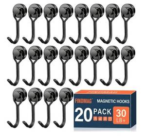 lot 64310 image: 20 Pack Black Magnet Hooks, 30LB Magnetic Hooks. - Retail $16