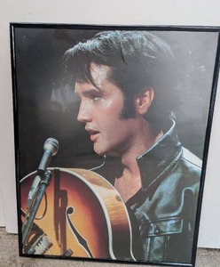 lot 1000 image: Framed Color Print Elvis Presley with Acoustic Guitar and Microphone