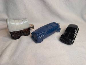 lot 1604 image: 3 Piece Miniature Metal Vehicle Lot Covered Wagon Car Models Avon Bottles