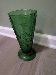 Vintage Anchor Hocking Green Glass Vase with Embossed Grape and Leaf Design