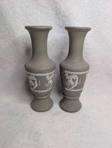 lot 3504 image: Pair of Decorative Vases with White Relief Figural Decoration