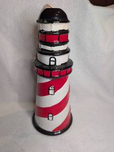 lot 4003 image: Ceramic Lighthouse Figurine Red White Striped Black Top