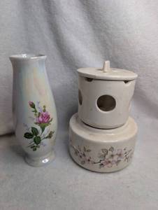 lot 4008 image: Ceramic Floral Vase and Covered Vessel with Openings 2-Piece Set