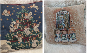 lot 4604 image: Two Decorative Pillows with Woven Nativity and Angel Christmas Designs