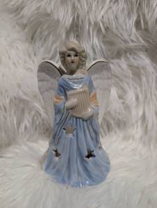 lot 4609 image: Angel Figurine with Wings Blue Dress and Harp Tealight Holder