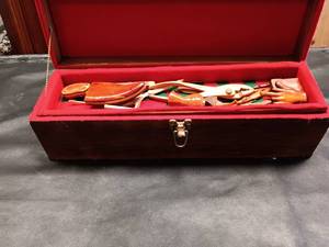 Small Chest of knives, scissors, wooden treasures and whittling tools