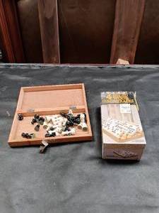 lot 33734 image: Set of 4 Domino solid wood racks along with a Chess set and board