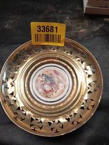 lot 33681 image: Vintage Regency Bone China decorative collector plate set in an ornate, openwork brass filigree frame made in England