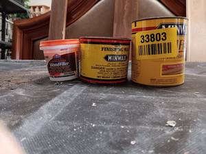 lot 33803 image: Bundle of one each, Wood Filler, Wood Stain in Golden Oak, and finishing wax for wood floor
